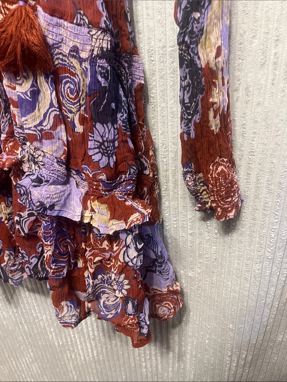 Anthropologie Rust and Lavender Mixed-Print Tiered Long-Sleeve Dress Small - Picture 7 of 10